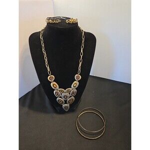 18"-20" Necklace, 2 Bangle Bracelets & Pair Of Earrings, All Earthtone Colors